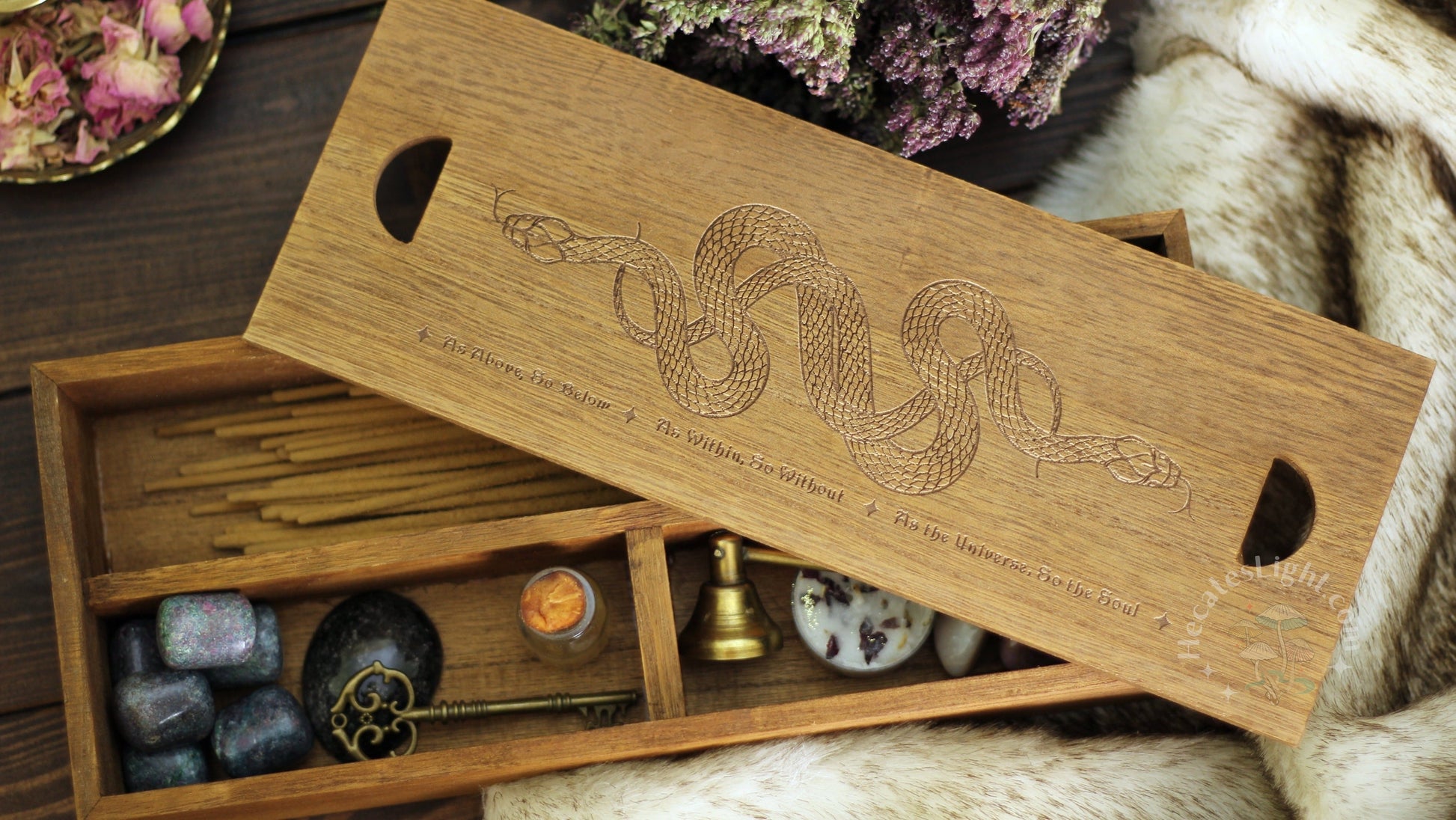 Incense Storage Box incense, ouroboros, snake, tarot card wood, tarot wood box, tarot wood cards, wood, wood box, wood cards, wooden wood box