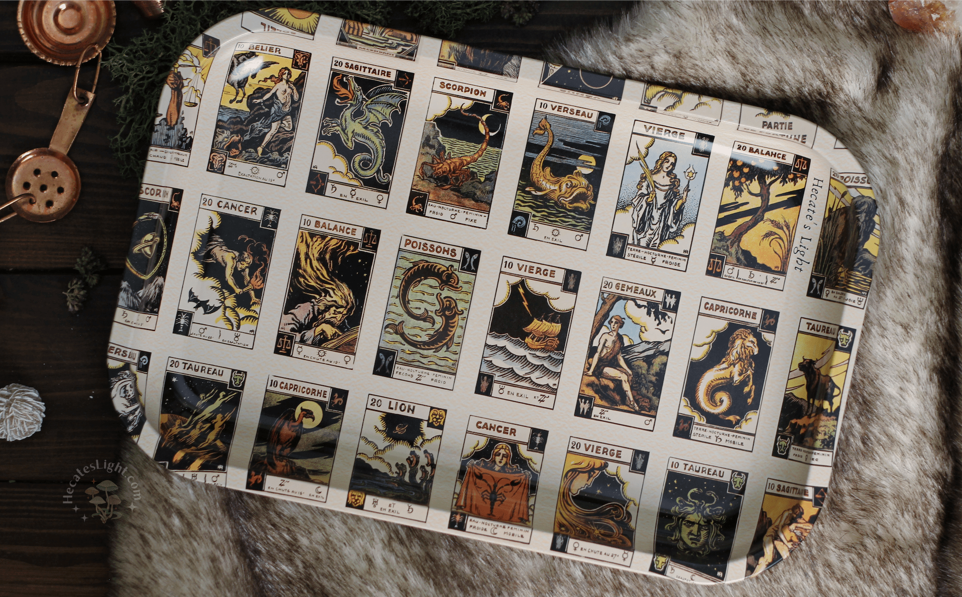 Tarot & Zodiac Tray Set astrological, astrology, french, tarot, tarot card, vintage, vintage botanical tray, vintage print, zodiac Tray