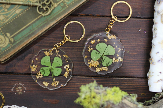 Clover & Gold Epoxy Keychain Enchanting birthday clear, clover, cottage witch epoxy, gold, gold leaf, good luck, green, keychain, resin, stationary gift, witchy gift metaphysical occult supplies witchy hecateslight.com witchcraft cottagecore witch gifts