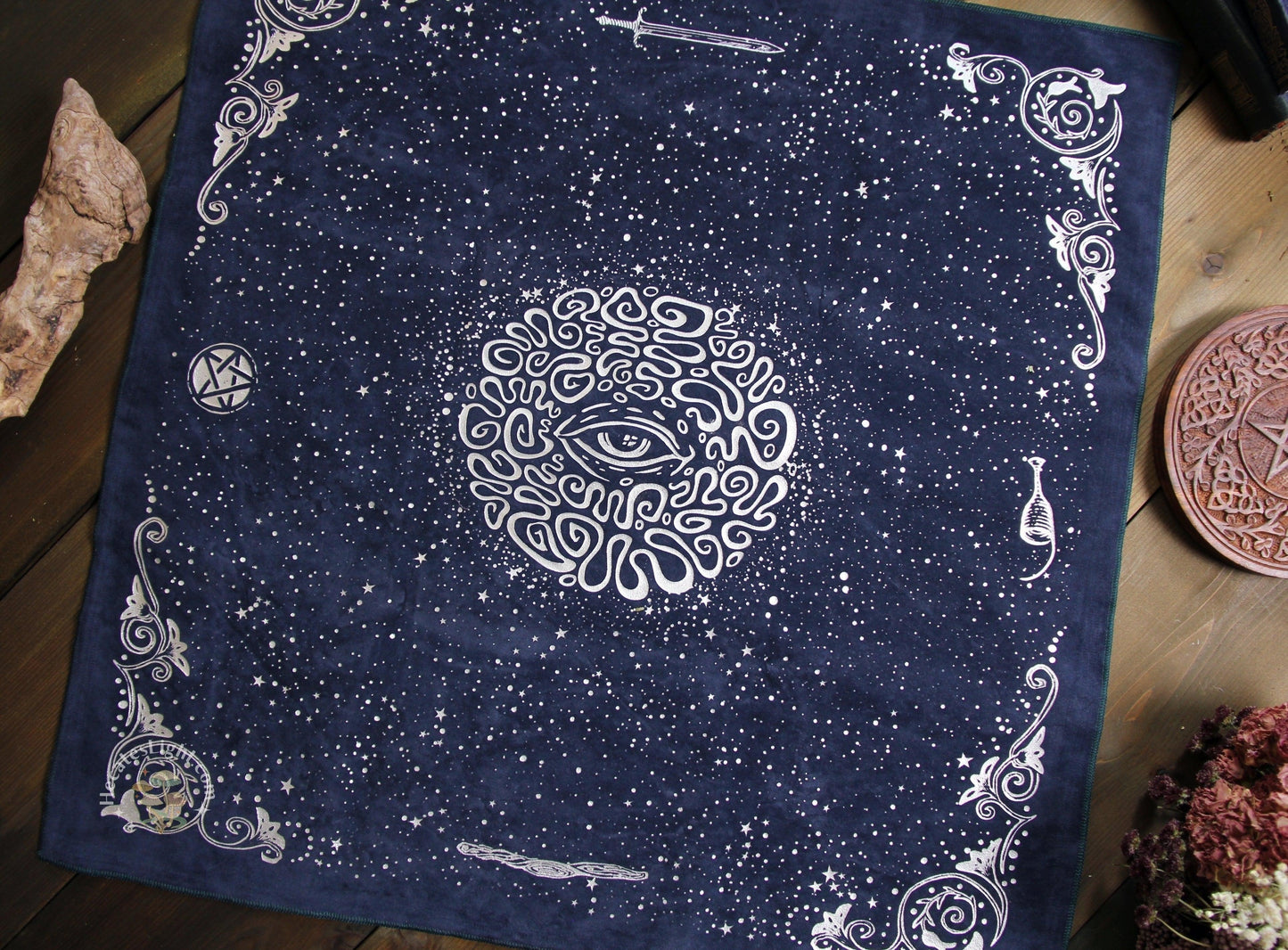 Cosma/Prisma Visions Tarot Altar Cloth James R. Eads altar, altar blue, calgary, canada, canada cloth, cosma gift, gold, oracle, oracle deck, placemat, prisma visions, silver, suede, tarot, teal, witchy gift metaphysical occult supplies witchy hecateslight.com witchcraft cottagecore witch gifts