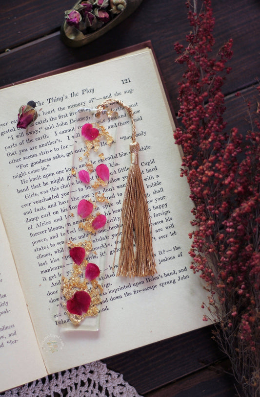 Epoxy Bookmarks Rose Petals + Gold Flakes Enchanting alberta, birthday book, booklovers, bookmark, bookworm, calgary, canada, cottage witch gift, cottagecore, country witch, decor, epoxy, fuscia, gold, gold leaf, resin, rose, rose petals metaphysical occult supplies witchy hecateslight.com witchcraft cottagecore witch gifts