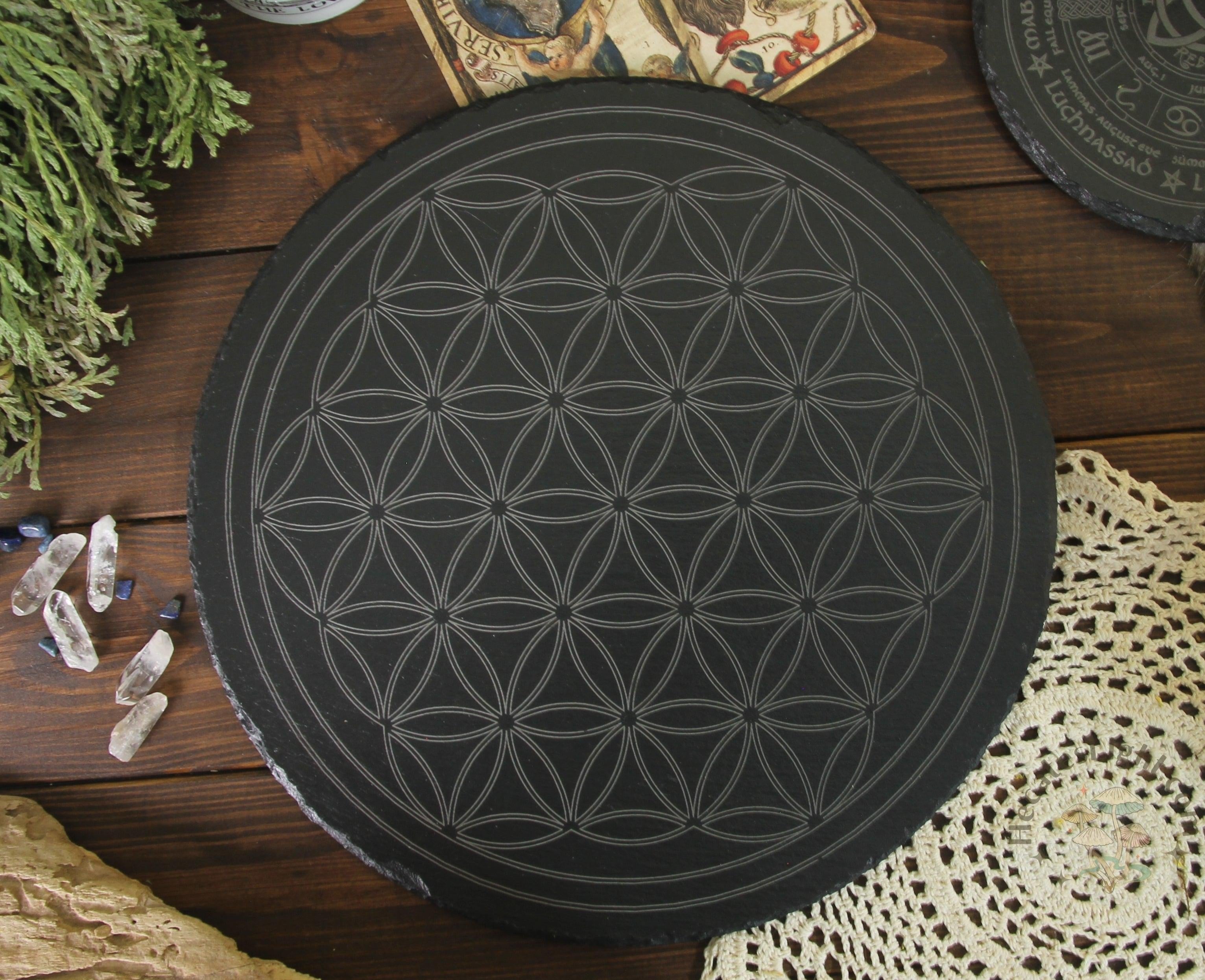 Flower of Life King Rainbow Woodburned Circular altar buy crystal grid manifestation ritual altar board