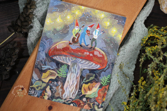 Mushroom Band Card Ingrid Press art, band, birthday calgary, cottage, cottage witch cottagecore, country witch, folded greeting card canada, illustrated, illustration, magic mushroom, mushrooms, music note, note card, shrooms, stationary gift, whimsical, witchy gift metaphysical occult supplies witchy hecateslight.com witchcraft cottagecore witch gifts