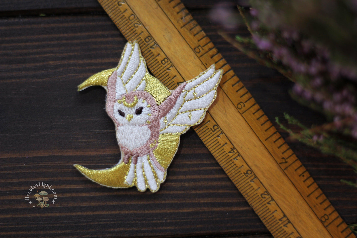 Night Owl Patch MALICIEUSE calgary, canada, canada oracle, crescent moon, decorative, gold, iron, iron-on, magic, owl, pink, stationary gift, teen teenage, teenage witch, witchy gift metaphysical occult supplies witchy hecateslight.com witchcraft cottagecore witch gifts