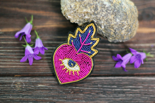 Pink Heart Pin MALICIEUSE accessory, alberta, brocade, brooch, calgary, canada, cloth, cotton, embroidered, embroidery, fuscia, gift, gold, heart, pin, pink, teen witch, clothing, witchy gift metaphysical occult supplies witchy hecateslight.com witchcraft cottagecore witch gifts