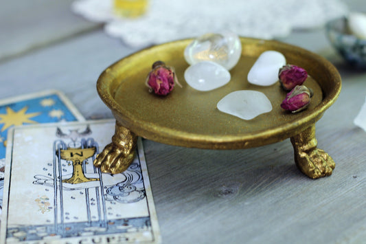 Round Footed Standing Pewter Dish in Gold Leafing Vagabond Vintage bear, bowl, burn decor, decoration, decorative, dish, feet, foot, gold, gold leaf, leafing, paw, paws, pewter, plate, round, small, tray metaphysical occult supplies witchy hecateslight.com witchcraft cottagecore witch gifts