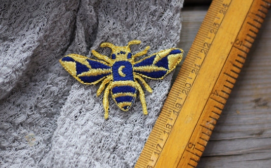 Small Gold Bee Patch MALICIEUSE accessory, bee, birthday blue, calgary, canada, cloth, clothing, decor, decorative, embroidered, embroidery, gold, iron, iron-on, patch, stationary gift, teen teenage, teenage witch, witchy gift metaphysical occult supplies witchy hecateslight.com witchcraft cottagecore witch gifts