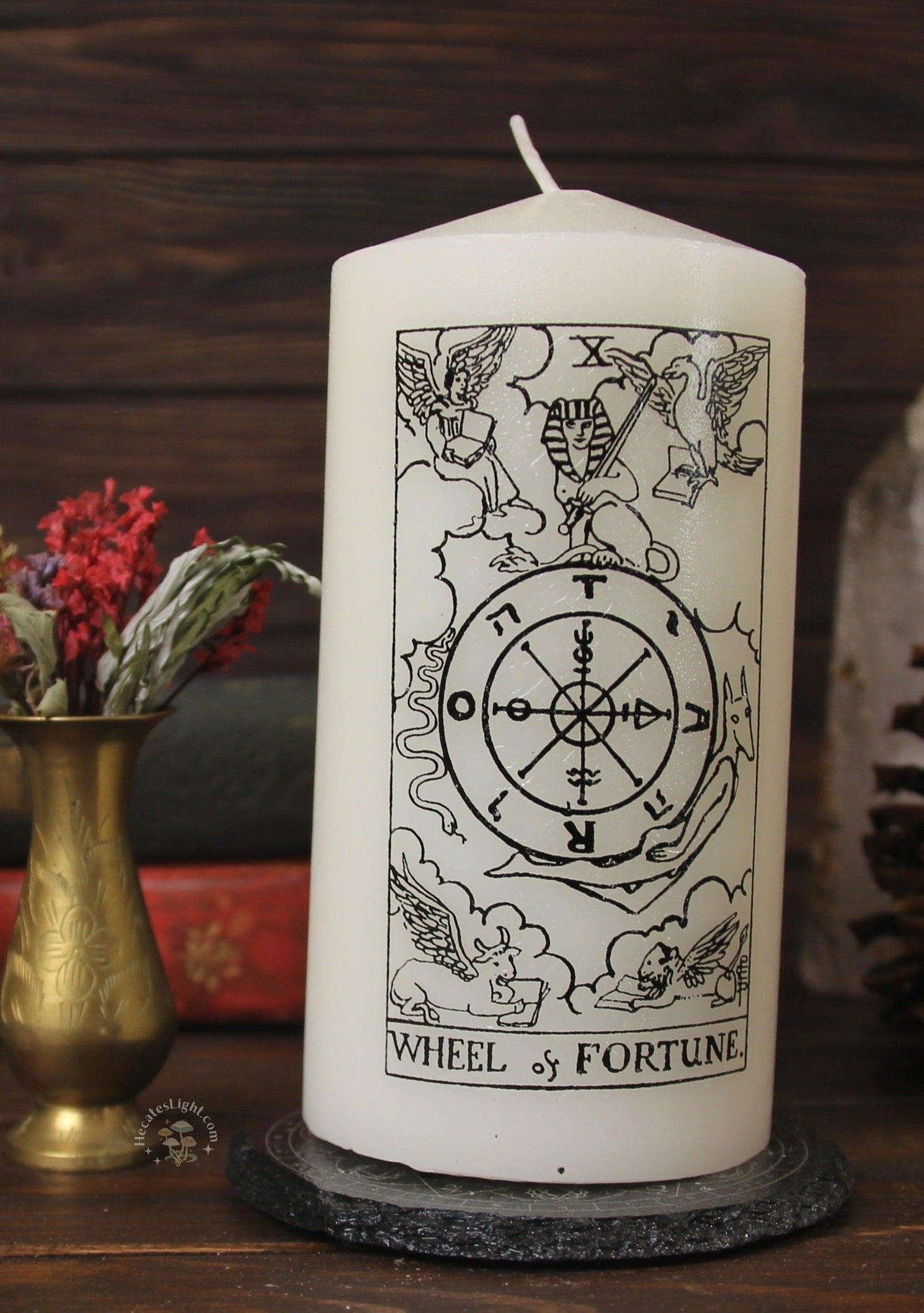 Tarot Pillar Altar Candle Hecate's Light altar tarot pillar candle, white candle Tarot Pillar Altar Candle Hecate's Light altar tarot pillar candle, white candle wheel of fortune tarot pillar altar candle metaphysical occult supplies witchy hecateslight.com witchcraft cottagecore witch gifts metaphysical occult supplies witchy hecateslight.com witchcraft cottagecore witch gifts