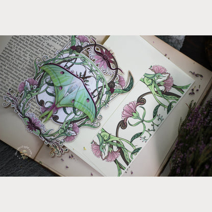 Vernal Equinox Faé Greeting Card Moth & Myth butterflies, butterfly, butterfy, decor, decorative, decorative butterflies, green, greeting card, greeting card canada, moth, moth and myth, paper, paper butterflies, pink, replica, witchy card metaphysical occult supplies witchy hecateslight.com witchcraft cottagecore witch gifts