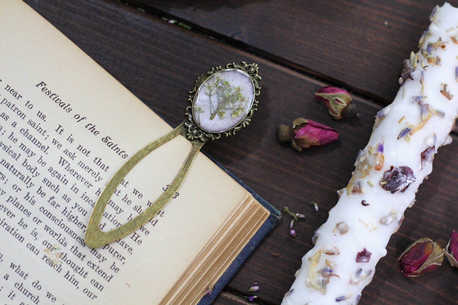 Vintage Bookmark | White Enchanting Epoxy baby's breath, birthday book, booklovers, bookmark, bookworm, brass, cottage witch dried metal, pressed flower, stationary gift, white, witchy gift metaphysical occult supplies witchy hecateslight.com witchcraft cottagecore witch gifts