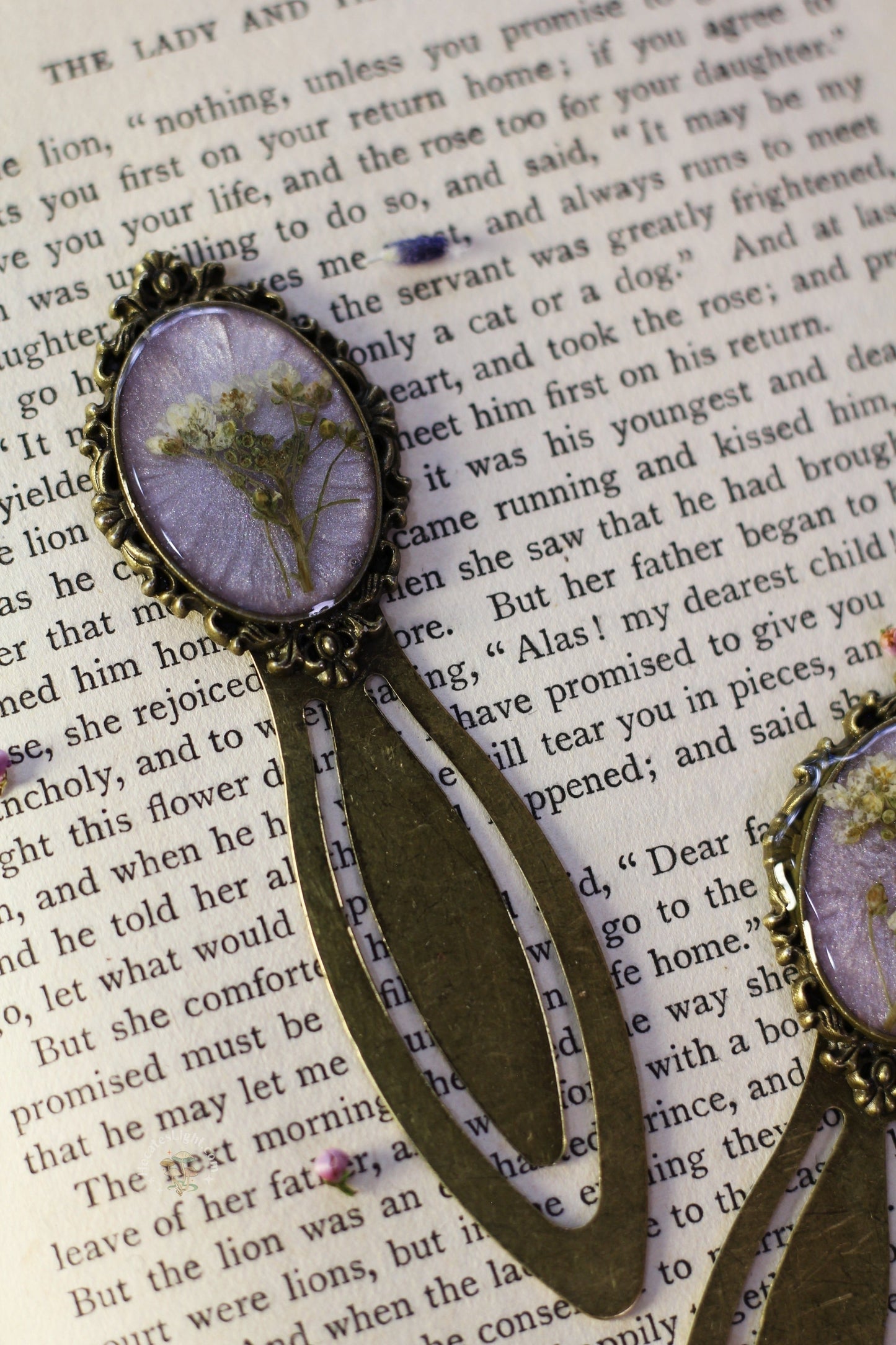 Vintage Style Bookmark | White + Purple Enchanting Epoxy birthday book, booklovers, bookmark, bookworm, brass, dried metal, pressed flower, purple, stationary gift, white, witchy gift metaphysical occult supplies witchy hecateslight.com witchcraft cottagecore witch gifts
