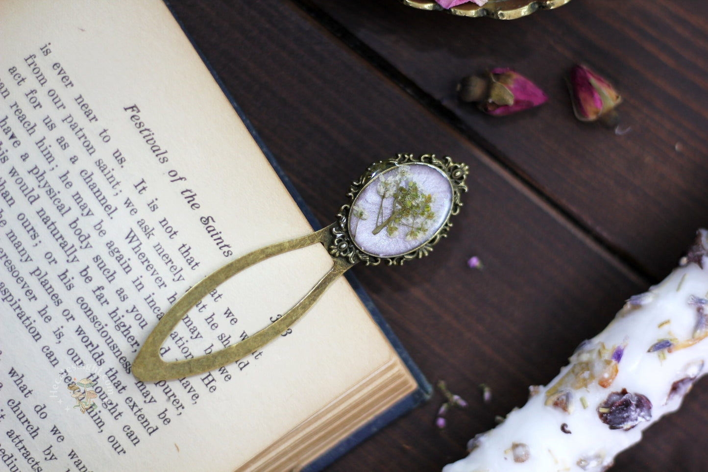 Vintage Style Bookmark | White + Purple Enchanting Epoxy birthday book, booklovers, bookmark, bookworm, brass, dried metal, pressed flower, purple, stationary gift, white, witchy gift metaphysical occult supplies witchy hecateslight.com witchcraft cottagecore witch gifts
