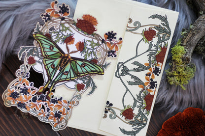 Winter Solstice Faé Greeting Card Hecate's Light birthday card, birthday gift, butterflies, butterfly, canada, card, cottage, cottage witch, cottage witch gift, cottagecore, country witch, decorative butterflies, gift, green, greeting card, greeting card canada, moth, moth set, orange, paper butterflies, replica, stationary gift, winter, witchy card, witchy gift metaphysical occult supplies witchy hecateslight.com witchcraft cottagecore witch gifts